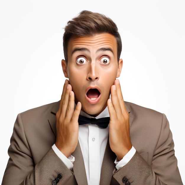 Photo a man wearing a suit with a shocked expression on a white background