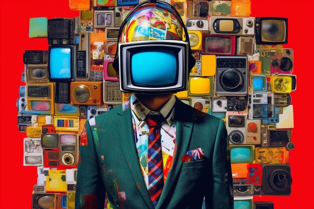 A man wearing a suit with a tv face and a colorful background with many different electronics