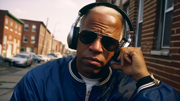 A man wearing sunglasses and a blue jacket with the word music on it