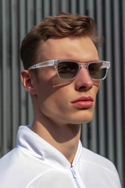 A man wearing sunglasses from the brand alpina.