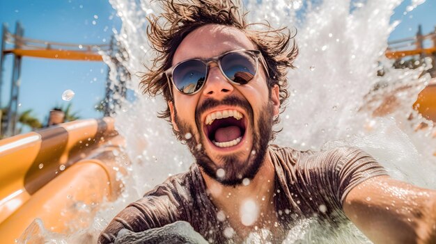 太陽眼鏡をかぶった男性が夏に水上遊園地の滑水道を滑り落ちて幸せです