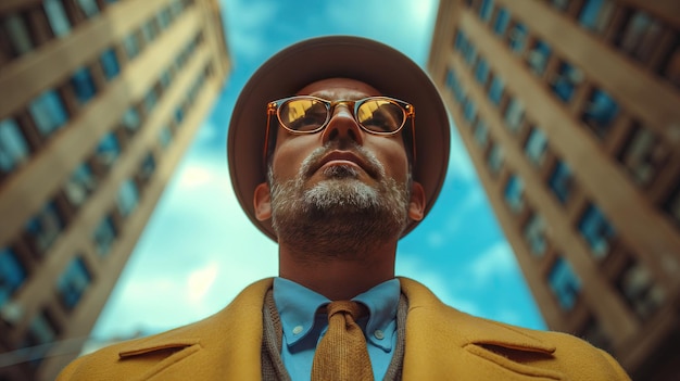 건물 앞 에 서 있는 선글라스 와 모자 를 입은 남자