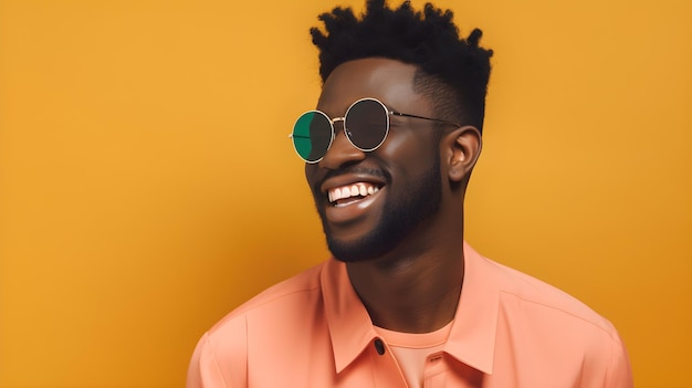 A man wearing sunglasses and a pink shirt stands against a yellow background.