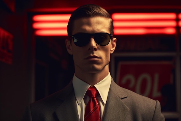 A man wearing sunglasses and a red tie with the w