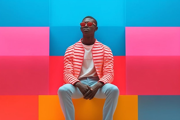 A man wearing sunglasses sits on a colorful wall in front of a colorful wall.