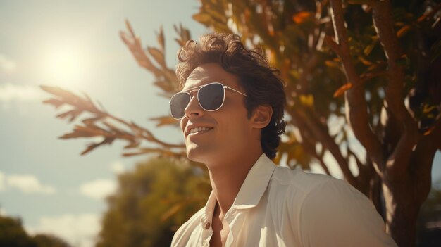 Man Wearing Sunglasses Standing in Front of Tree