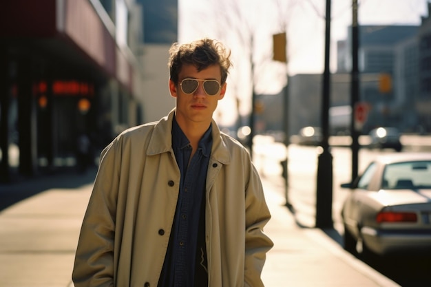 A man wearing sunglasses and a trench coat standing on a city street