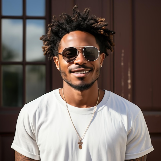 a man wearing sunglasses and a white shirt with a cross on the front