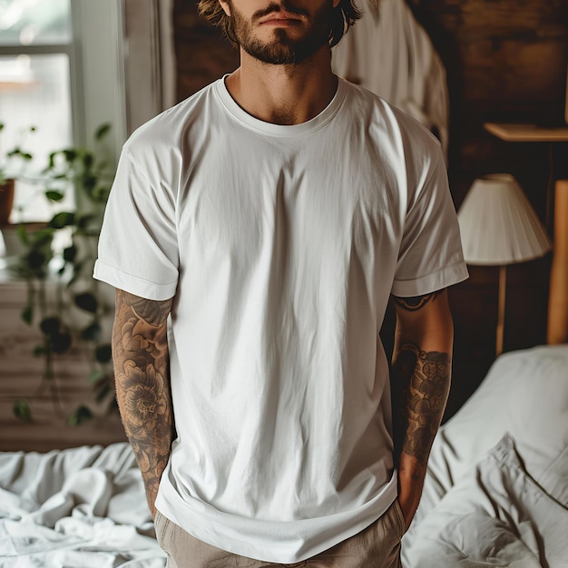 Man wearing t shirt standing in bed with tattoo