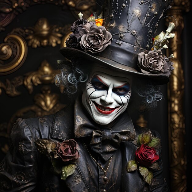 a man wearing a top hat and a top hat with roses on it