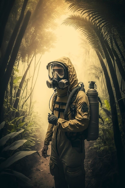 man wearing toxic gas protective equipment