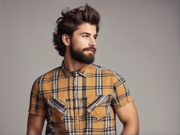 Photo a man wearing trendy high quality checked double pocket shirt fashion photography