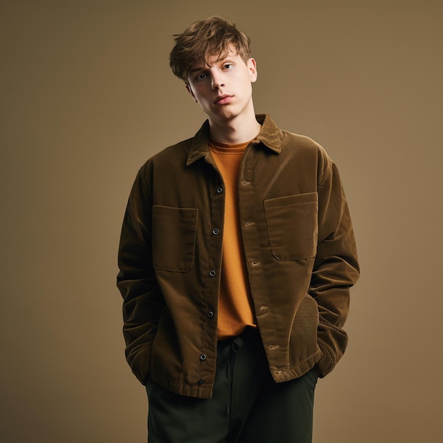 a man wearing trendy high quality relaxed fit thick corduroy fashion photography