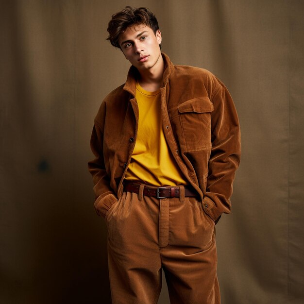 Photo a man wearing trendy high quality relaxed fit thick corduroy fashion photography