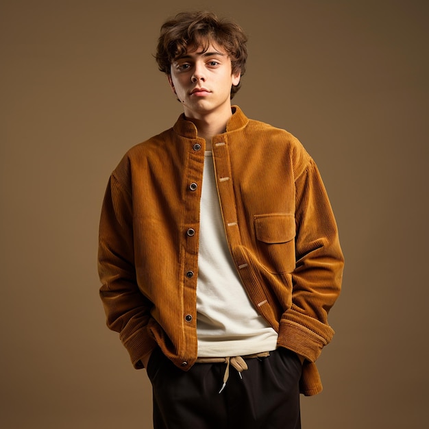 a man wearing trendy high quality relaxed fit thick corduroy fashion photography