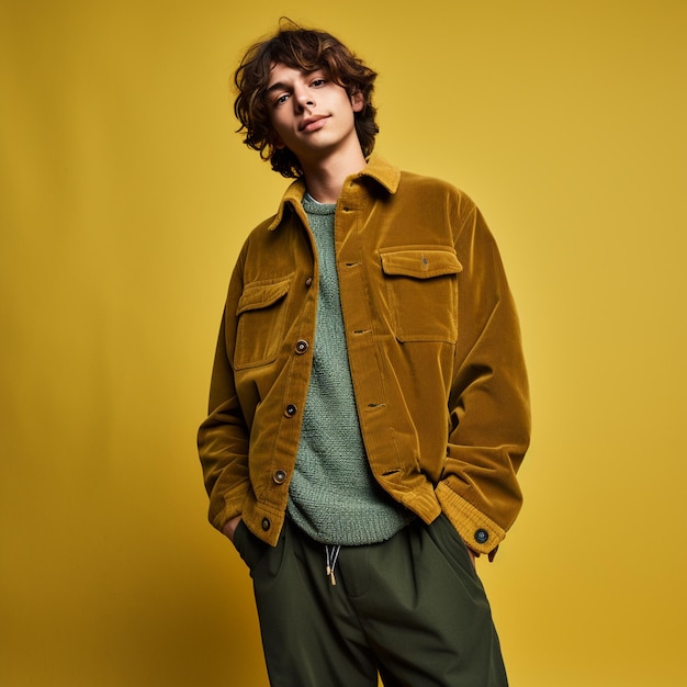 a man wearing trendy high quality relaxed fit thick corduroy fashion photography