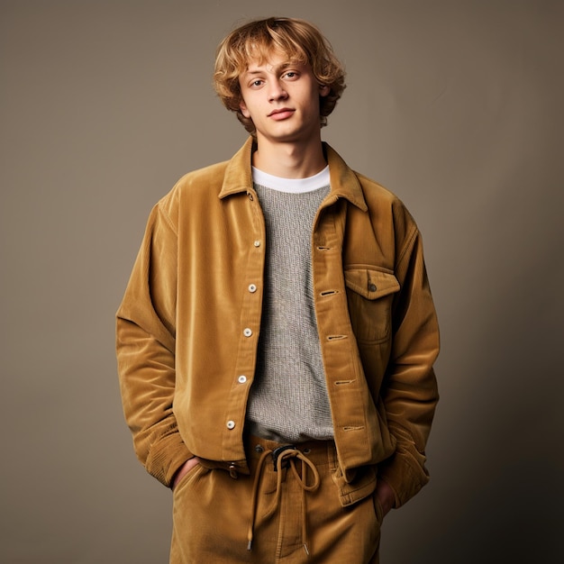 a man wearing trendy high quality relaxed fit thick corduroy fashion photography
