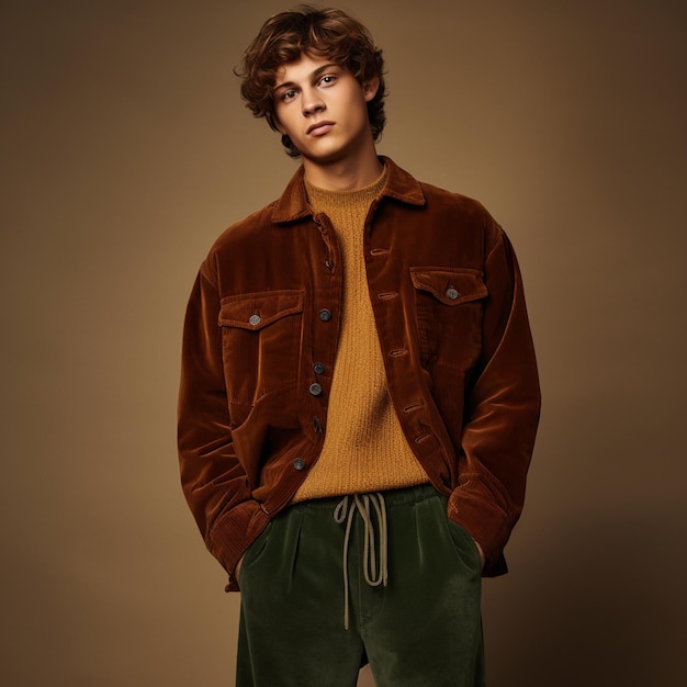 a man wearing trendy high quality relaxed fit thick corduroy fashion photography