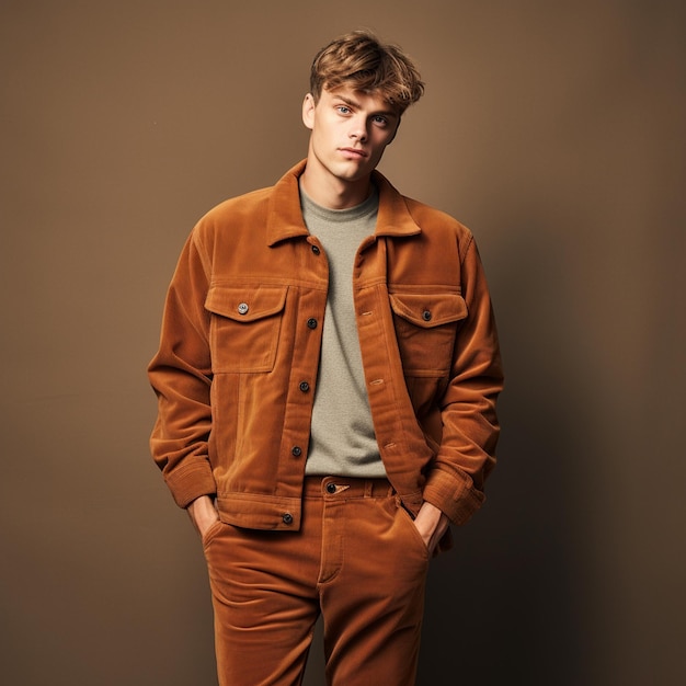 Photo a man wearing trendy high quality relaxed fit thick corduroy fashion photography