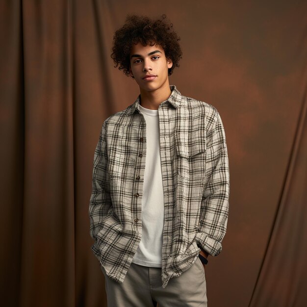 Photo a man wearing trendy high quality thick checked double pocketed clothing in fashion photography