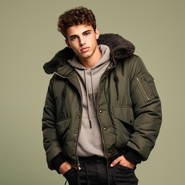 A man wearing a trendy highquality winter bomber jacket for fashion photography