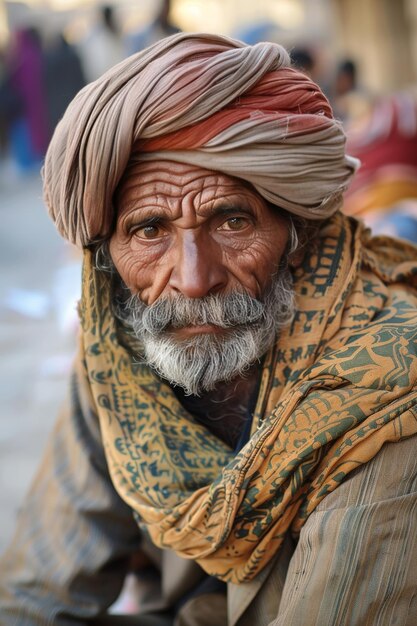 Foto un uomo che indossa un turbante e una sciarpa si siede a terra