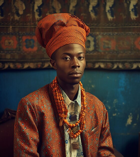 A man wearing a turban sits in front of a rug with a blue background.