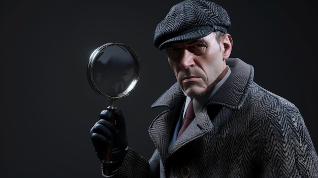 Photo a man wearing a tweed coat and hat is holding a magnifying glass he has a serious expression on his face