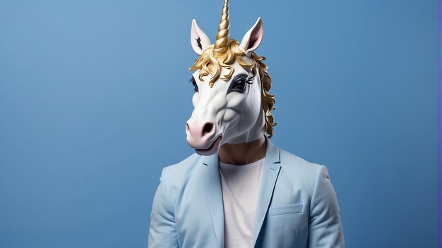 Foto uomo che indossa una maschera da unicorno su uno sfondo blu