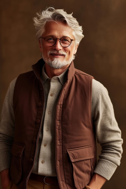 A man wearing a vest from the brand wool company.