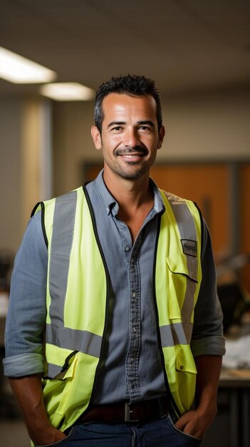 a man wearing a vest that says  he is smiling