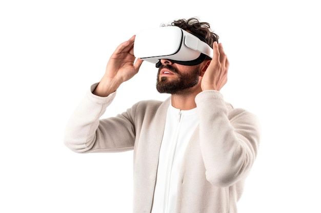 A man wearing a virtual reality glasses looks at his hands.