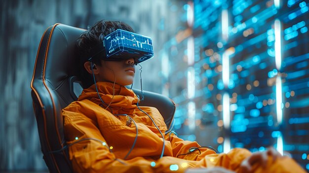 a man wearing a virtual reality glasses sits in an office chair