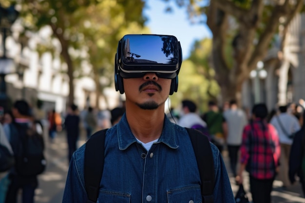仮想現実メガネをかぶった男性が街を歩き回る 新技術コンセプト