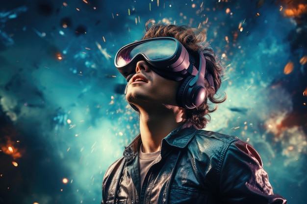 Man wearing virtual reality goggles futuristic entertainment concept Generative AI