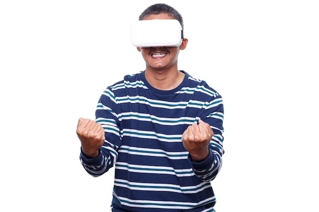 Man wearing virtual reality goggles isolated on white background