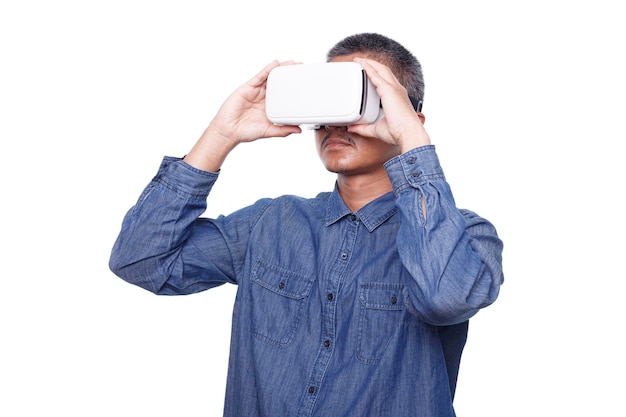 Man wearing virtual reality goggles isolated on white background