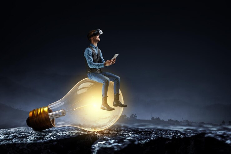 Photo man wearing virtual reality goggles. mixed media