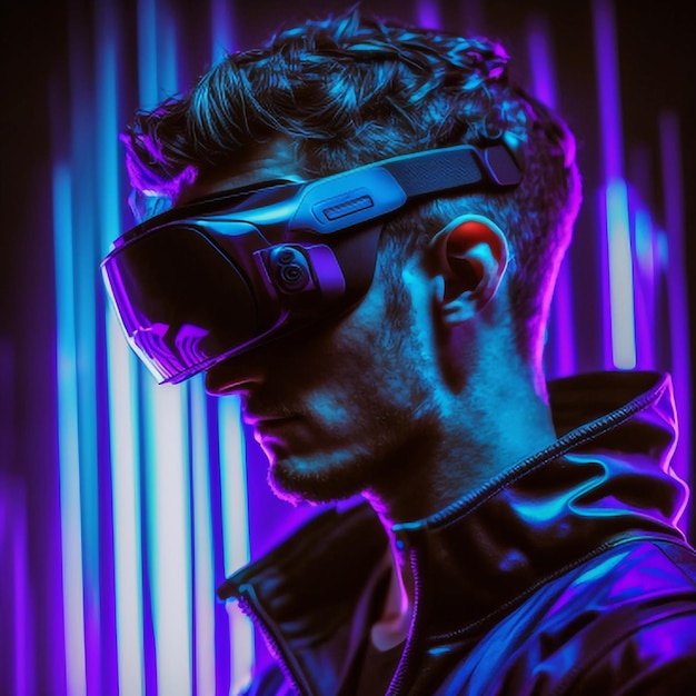 Photo a man wearing a virtual reality goggles with a neon light behind him.