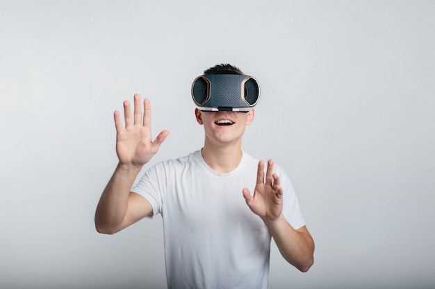 Man wearing virtual reality goggles.