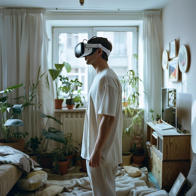 Foto un uomo che indossa un copricapo di realtà virtuale con piante sul davanzale della finestra