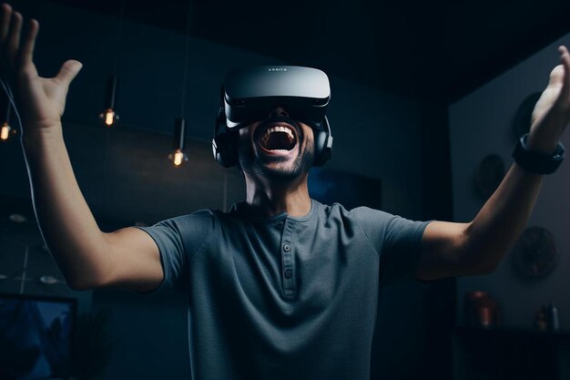 a man wearing a virtual reality headphones that says " head of virtual reality ".