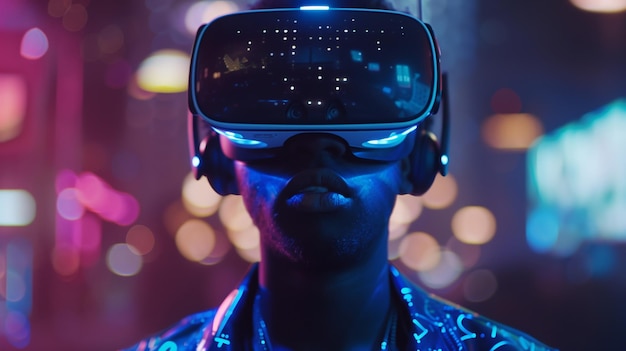 Man Wearing Virtual Reality Headset in City at Night