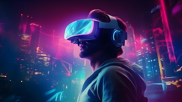 A man wearing a virtual reality headset in front of a cityscape.