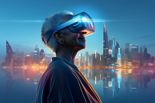 Man Wearing Virtual Reality Headset in Front of Futuristic Cityscape