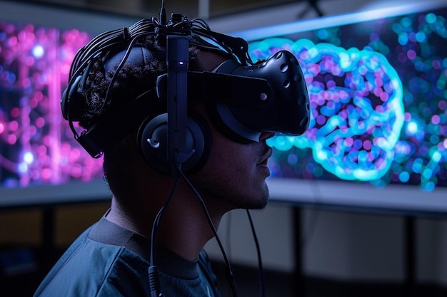 a man wearing a virtual reality headset in front of a television