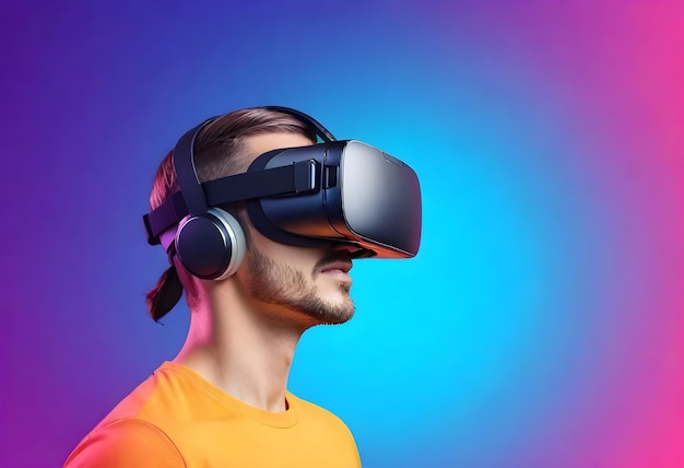 a man wearing a virtual reality headset is wearing a pair of headphones