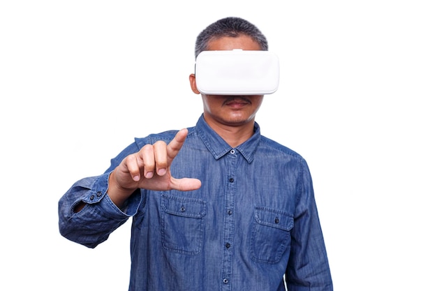 Man wearing virtual reality headset isolated on white background