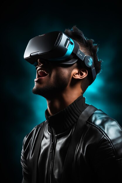 Man wearing virtual reality headset and leather jacket Generative AI