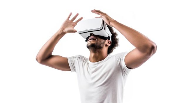 A man wearing a virtual reality headset looks up to his eyes.